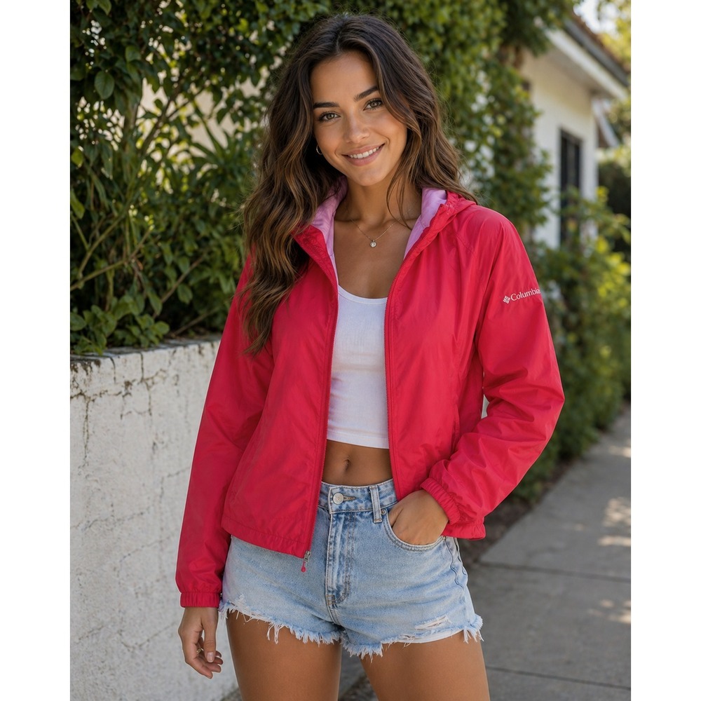 Columbia Windbreaker Jacket Women's M Pink Hooded Lightweight Zip Rain Coat